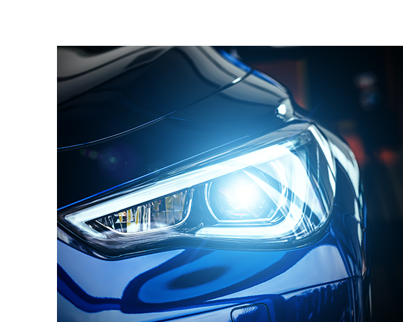 Blue car headlight on